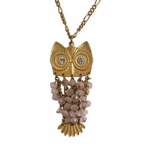 Gold Tone Owl Pendant Large Chain Necklace statement Pink beads - Picture 7 of 8